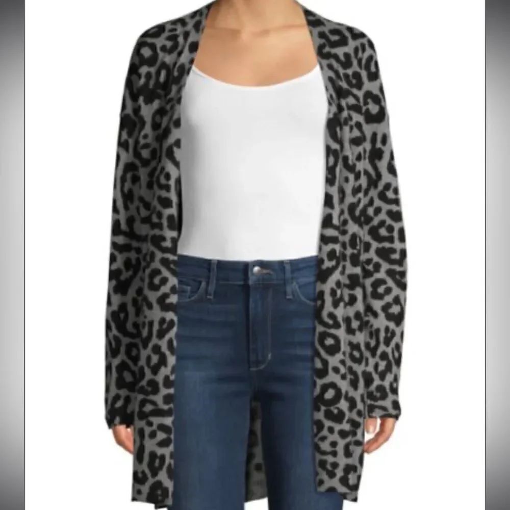 TSE Pure Cashmere LeopardāPrint Open Front Long Sleeve Cardigan Sweater SizeāM
